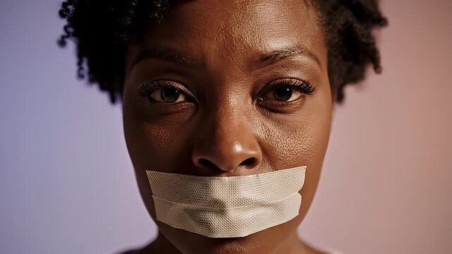 Woman Silenced with Tape Over Mouth Symbolizing Oppression