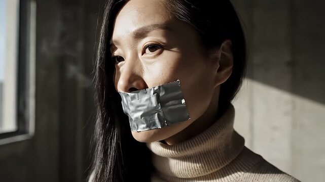 Woman with Duct Tape Gag Covering Her Mouth Symbolizing Silence