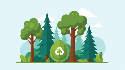 Eco-friendly forest landscape with recycling symbol surrounded by lush green trees and foliage