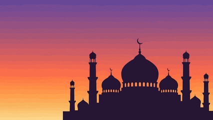 Islamic Mosque Silhouette At Sunset With Colorful Gradient Sky And Crescent Moon Symbol On Dome Ideal For Religious And Cultural Themes © Jonmart