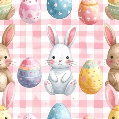 Easter Watercolor Seamless Pattern Rabbit and Decorated Eggs