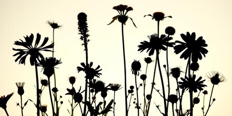 Dark silhouettes of various wildflowers against a light background, showcasing delicate forms and unique shapes,  light,  vector art