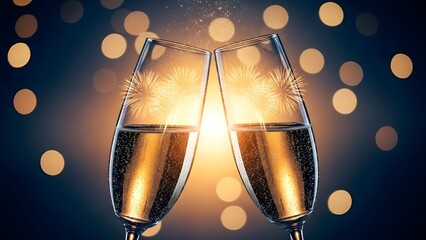 Two Champagne Glasses Toasting with Sparkling Bokeh Background.