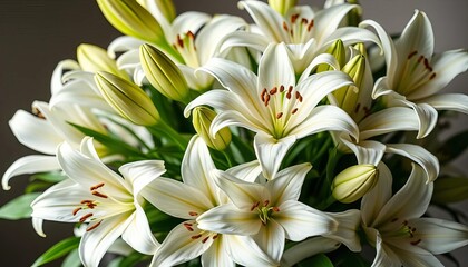 Elegant bouquet of pristine white lilies, lush and full,  nature,  blossoms