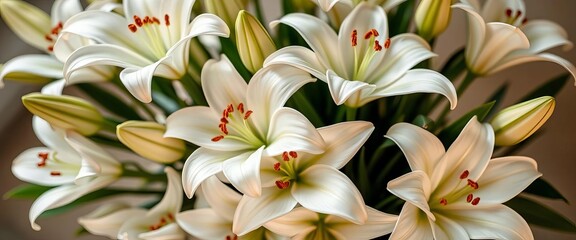 Elegant white lilies arranged in a bouquet, pristine and pure, bridal bouquet, elegant