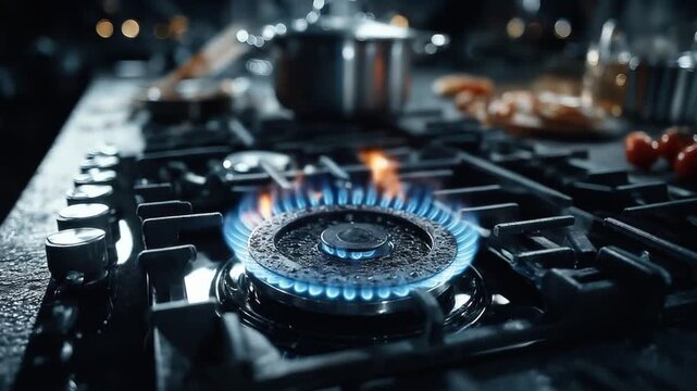 Close up of burning gas stove with blue flame in a modern kitchen setting