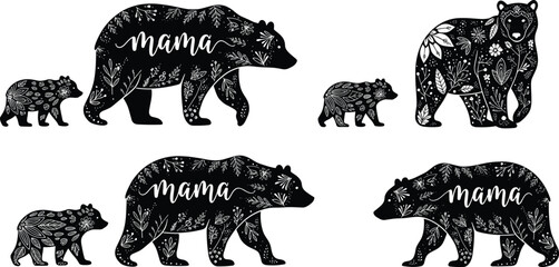Floral mama bear and cub silhouettes set showing wildlife motherhood, family bond, nature love, decorative animal art, forest parenting, vector illustration © Sarjia Worlds