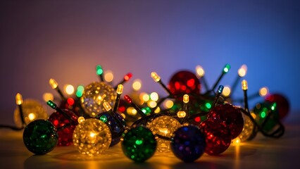 Vibrant Christmas lights and festive ornaments create a dazzling display against a blurred background, perfect for holiday cheer.