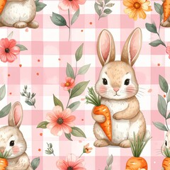 Easter Watercolor Seamless Pattern Flowers with Rabbit Holding Carrot