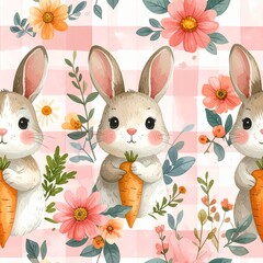 Easter Watercolor Seamless Pattern Flowers with Rabbit Holding Carrot