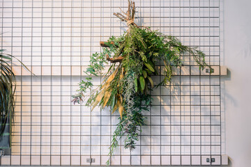 ワイヤーグリッドに植物を飾るグリーンのインテリア　壁面に吊るしたグリーンアレンジメント
