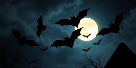 Spooky Halloween bat silhouettes against a moonlit night sky, festival, bats