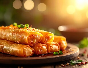 Photorealistic food photography of crispy golden spring rolls arranged in elegant composition, soft natural light, shallow depth of field, minimal festive styling, symbol of wealth and prosperity, pre