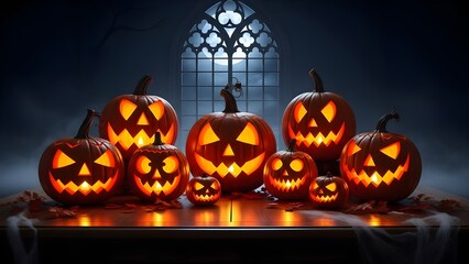 Glowing Jack-o-Lanterns Illuminate a Spooky Halloween Night with Gothic Window Backdrop.