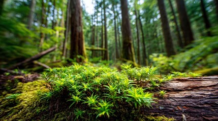 Vibrant green moss and lush plants thriving on a fallen log in a sun-dappled forest environment