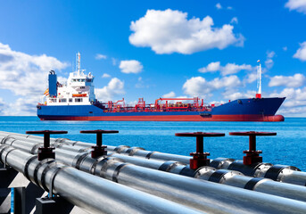 Oil loading operations at the port connect marine pipelines to a tanker, enabling controlled transfer of petroleum products for maritime transport.