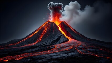 Dramatic Volcanic Eruption with Fiery Lava Flow and Ash Cloud at Night.