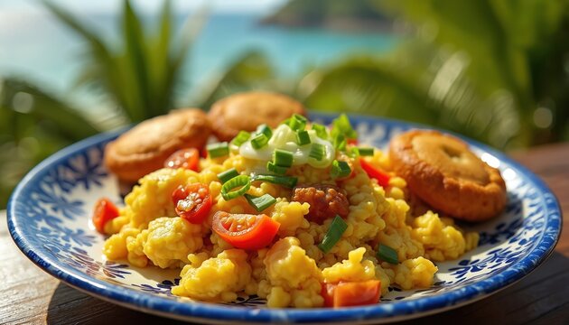 Plate with delicious traditional Jamaican ackee and saltfish. Meal is served with fried dumplings. Dish includes tomatoes and fresh green onions. Food is on table outdoors near green foliage and sea.