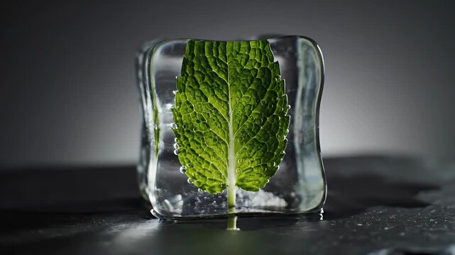A fresh mint leaf preserved within a cube of ice