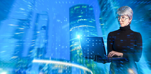 Digital technology management analyzes data flows in a smart city environment as a specialist works on a laptop to oversee urban IT systems and cybersecurity.