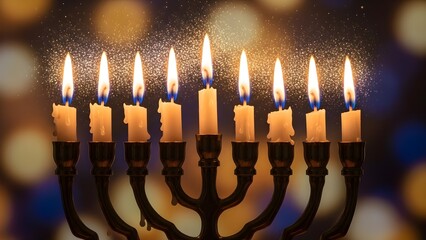 Lit Menorah with Nine Candles Burning Brightly Against a Blurred Background.