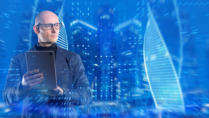 Digital consulting analyzes smart-city data as a professional reviews information on a tablet against a futuristic skyline with dynamic tech overlays.