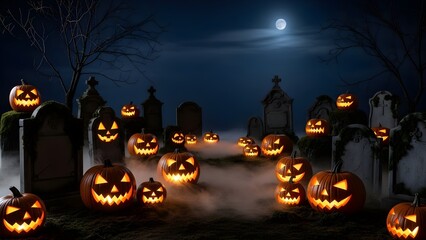 Spooky Halloween night with glowing jack-o-lanterns in a misty graveyard under a full moon.