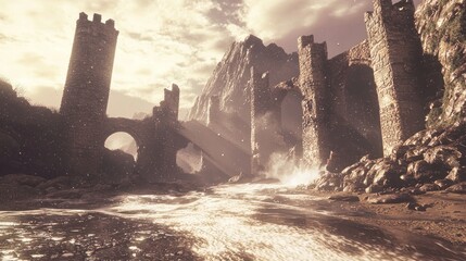 Ruined medieval castle walls and towers along a dramatic river or coastline under a cloudy sky.