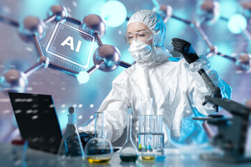 AI-assisted laboratory research advances chemical analysis as a scientist in protective gear studies samples and processes data using digital tools.