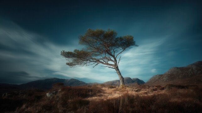 A lone, windswept Scots pine tree stands resiliently on a vast, heather-covered moorland under a dramatic, cloudy sky.