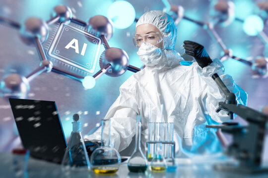 AI-assisted laboratory research advances chemical analysis as a scientist in protective gear studies samples and processes data using digital tools. - Powered by Adobe