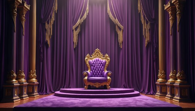 Ornate purple throne sits on velvet stage beneath gold draped curtains. Regal room with tall columns evokes power, luxury, and majesty, fit for royalty or formal event.