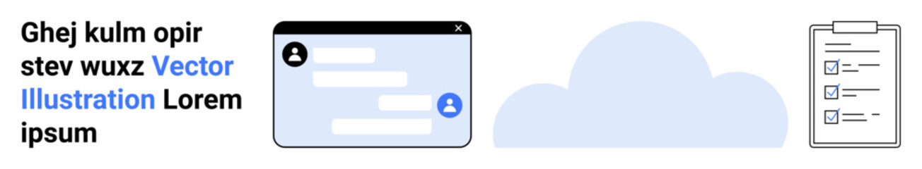 Fototapeta premium Technology, cloud storage, document management, organization, user interface, data sharing. A web interface with icons for a profile, cloud and checklist. Technology and cloud storage