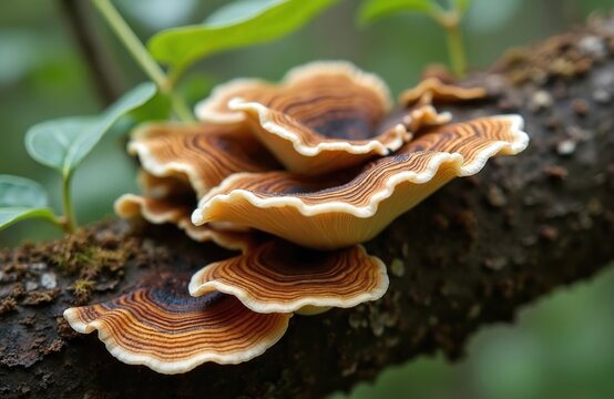 Anise mazegill fungus grows on tree branch. Gloeophyllum odoratum is brown rot polypore. Close up view of mushroom with pattern, growing in forest. Wild fungus in green nature.