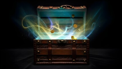 Mysterious Open Treasure Chest Emitting Magical Light in Darkness.
