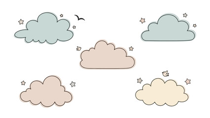 Fototapeta premium Collection of Cute Hand-Drawn Clouds, Stars, and Bird Illustrations on White Background