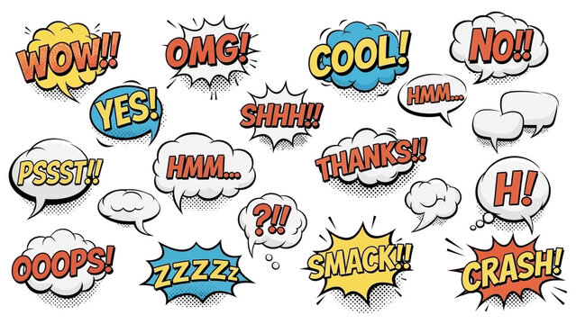 Collection of Comic Book Speech Bubbles with Exclamations and Onomatopoeia