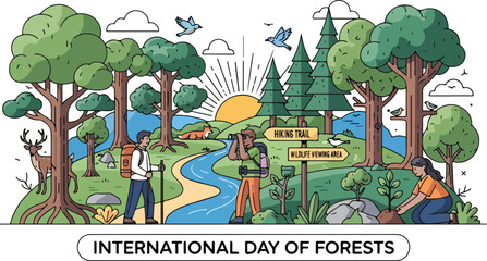 Celebrating International Day of Forests with a serene landscape illustration featuring people, trees, and a winding river