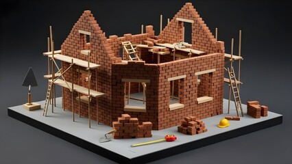 Miniature Brick House Under Construction - A Detailed Model of a Building Site.