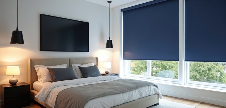 Stylish badroom interior with blackout roller blinds on windows. Modern decor with bed and bedside tables. Window shades for light control and privacy in cozy house bedroom.