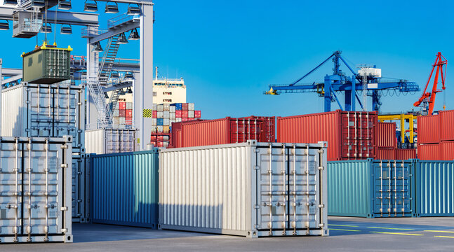 Port logistics, container terminal loads and stores cargo as cranes move shipping containers for global freight and supply chain operations.