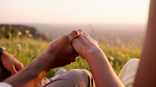 Couple holding hands in a field at sunset, romantic moment.
