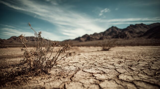 Cracked Earth Desert Landscape with Sparse Resilient Vegetation Under a Vast Sky