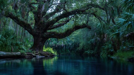 Obraz premium An ancient, venerable tree stands beside a glassy, dark waterway, its calm reflection creating a serene, natural landscape.