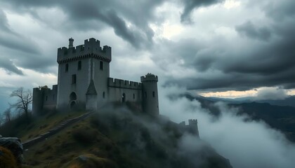 Naklejka premium A crumbling castle looms, shrouded in mist under a stormy sky, exterior, ruin