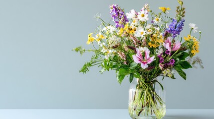 A vibrant bouquet of wildflowers in a clear vase against a soft gray background, showcasing a variety of colors and shapes.