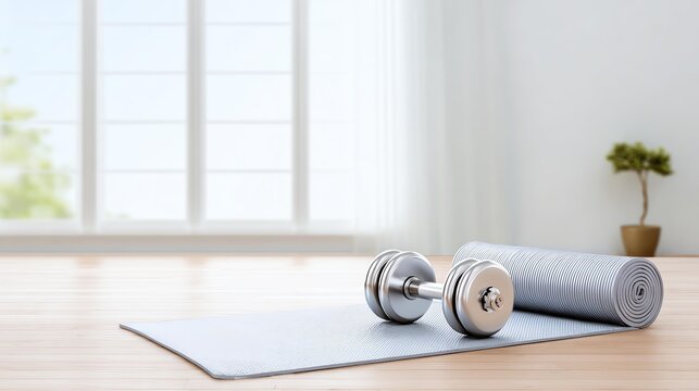 A clean and bright home gym setup featuring a yoga mat and dumbbells, promoting fitness and healthy living.