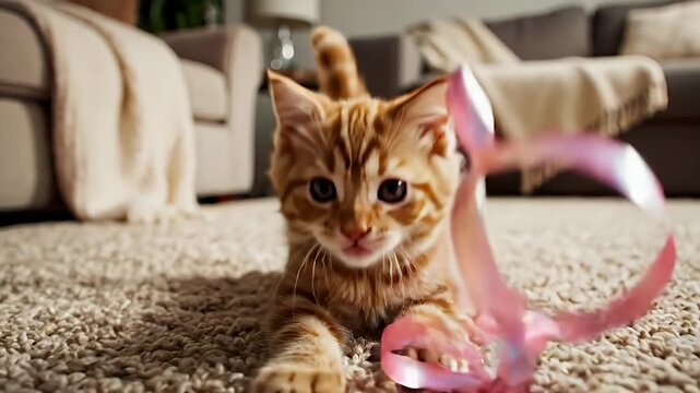 Playful Kittens Joyful Antics with a Pink Ribbon on a Cozy Carpet.