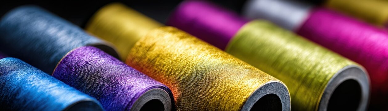 A vibrant collection of metallic sewing threads in various colors, lined up neatly, showcasing their shimmer and texture.