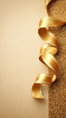 A golden ribbon spirals against a glittery background, evoking a festive and elegant atmosphere.